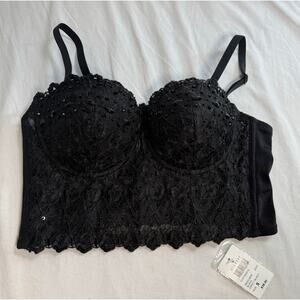Windsor Sparkle Beaded‎ Black Lace Corset Bustier Crop Top Size Small